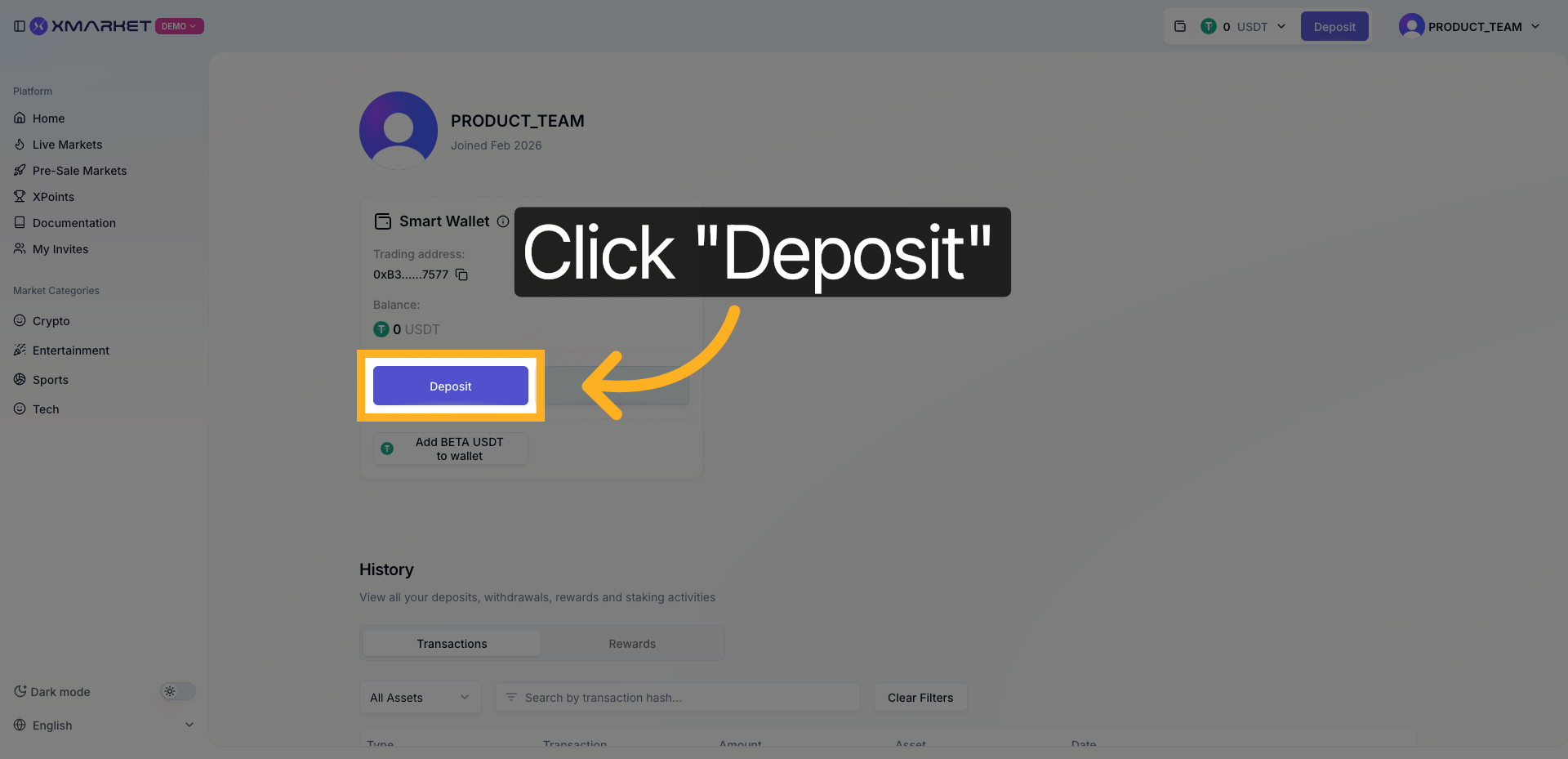 Deposit button in wallet view